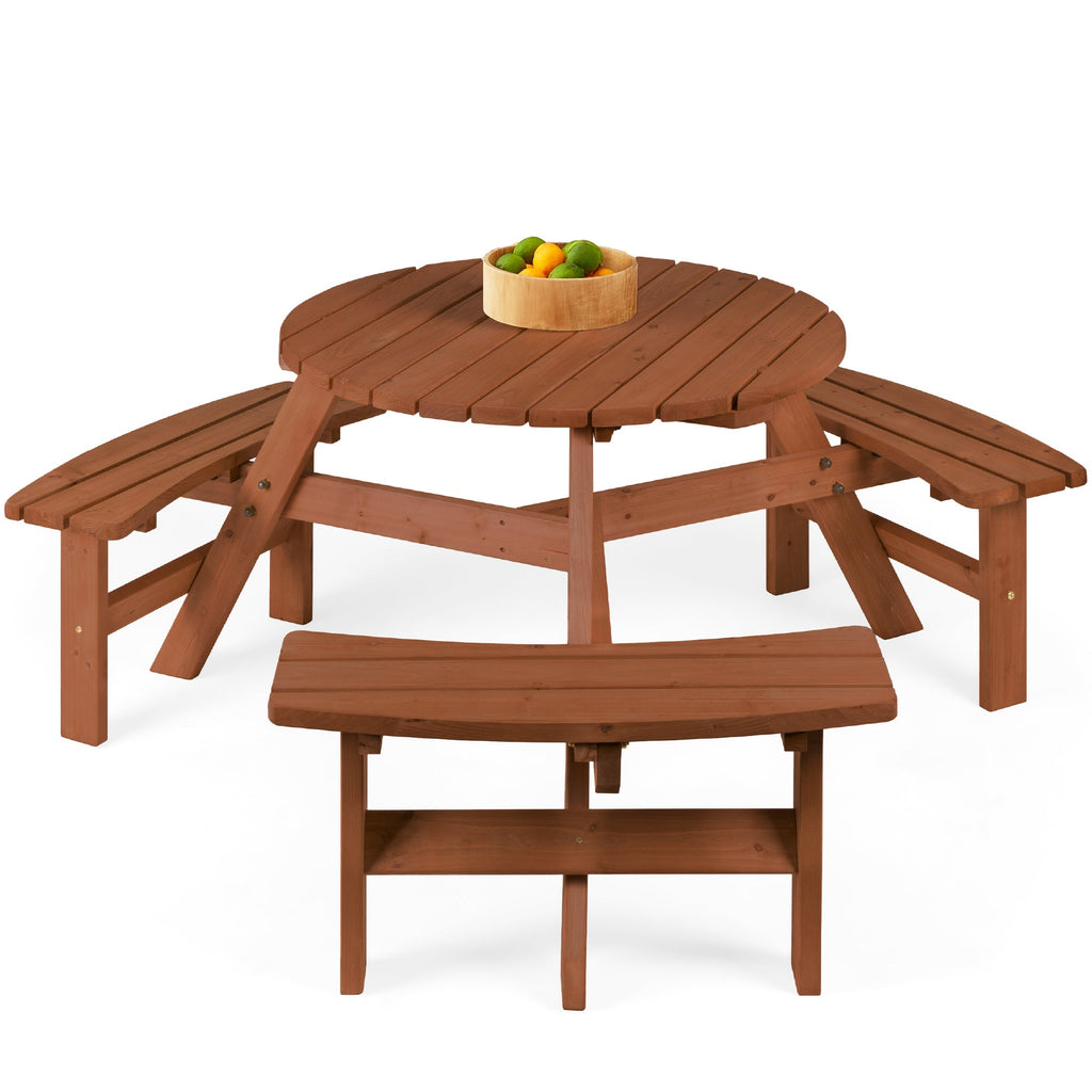 6-Person Circular Wooden Picnic Table with Umbrella Hole 3 Benches with practical outdoor-ready details