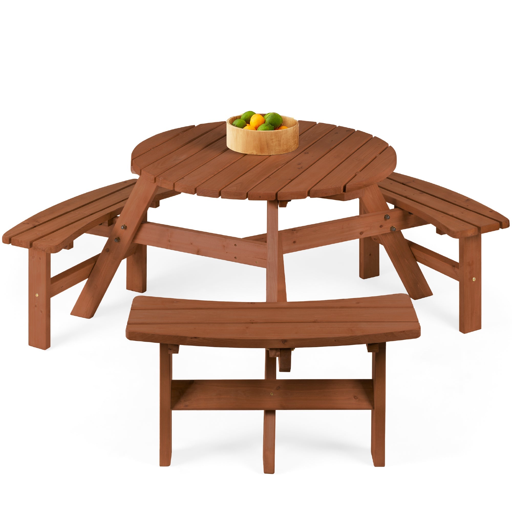 6-Person Circular Wooden Picnic Table with Umbrella Hole 3 Benches with practical outdoor-ready details