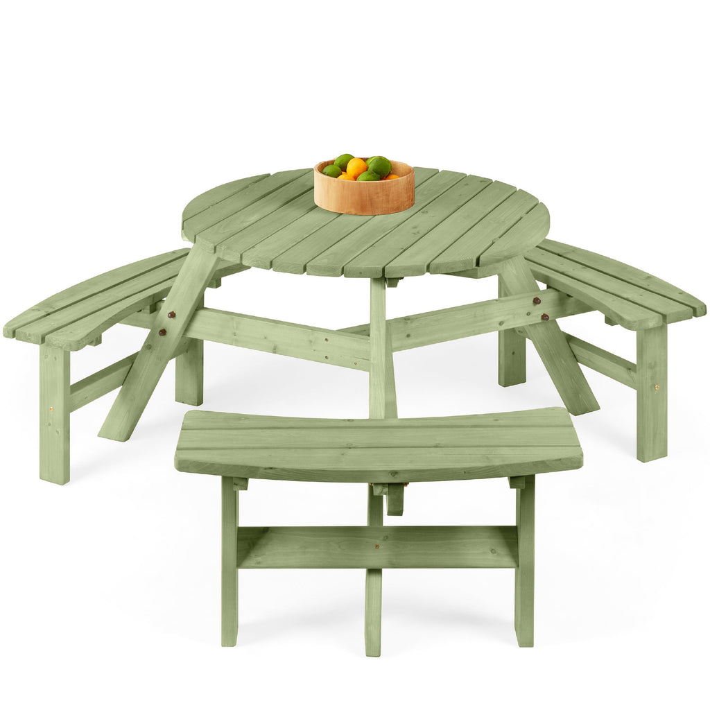 6-Person Circular Wooden Picnic Table with Umbrella Hole 3 Benches with practical outdoor-ready details