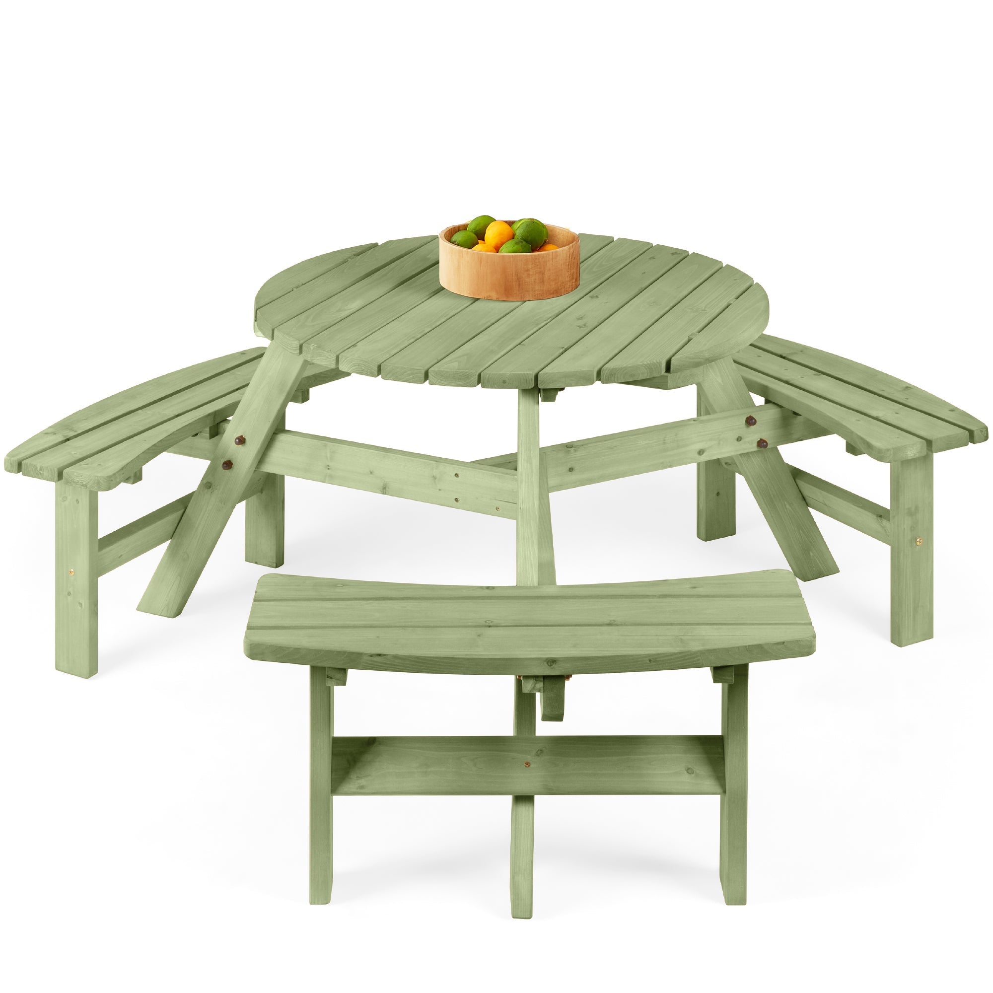 6-Person Circular Wooden Picnic Table with Umbrella Hole 3 Benches with practical outdoor-ready details