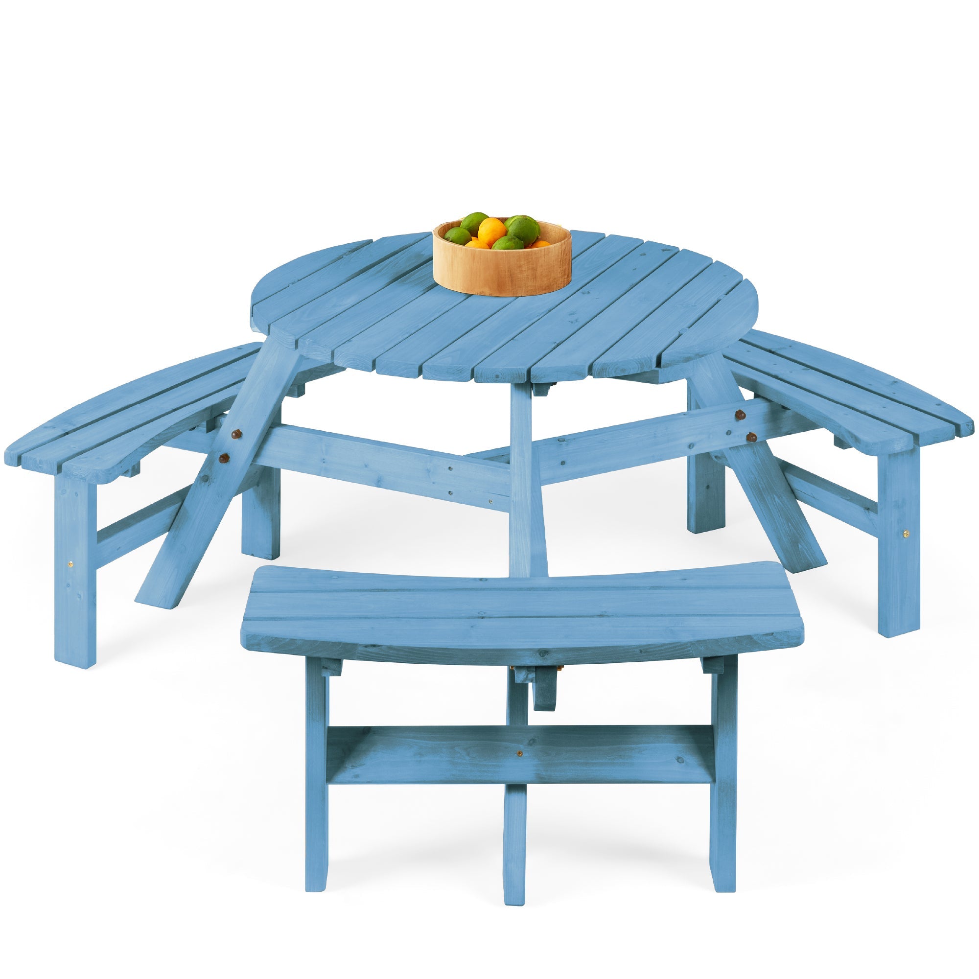 6-Person Circular Wooden Picnic Table with Umbrella Hole 3 Benches with practical outdoor-ready details