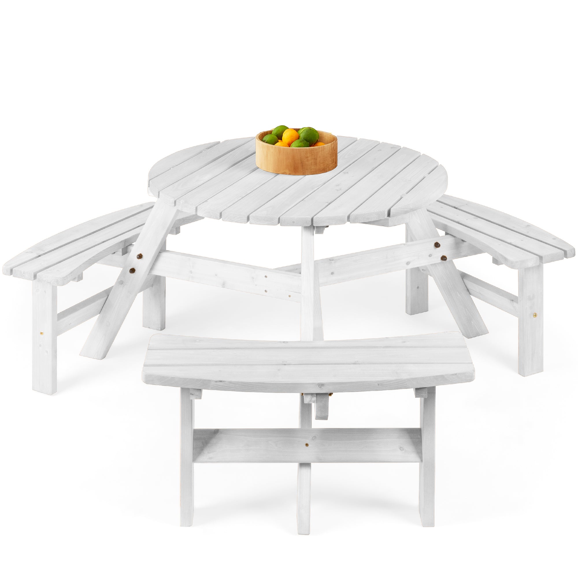 6-Person Circular Wooden Picnic Table with Umbrella Hole 3 Benches with practical outdoor-ready details