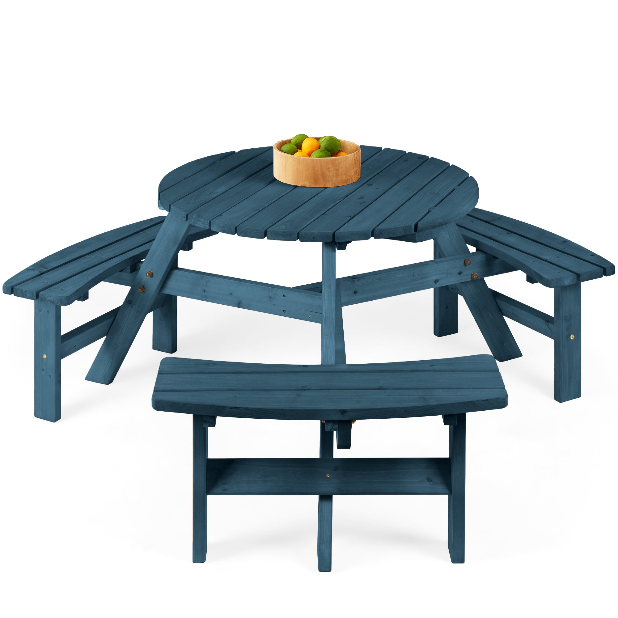 6-Person Circular Wooden Picnic Table with Umbrella Hole 3 Benches with practical outdoor-ready details