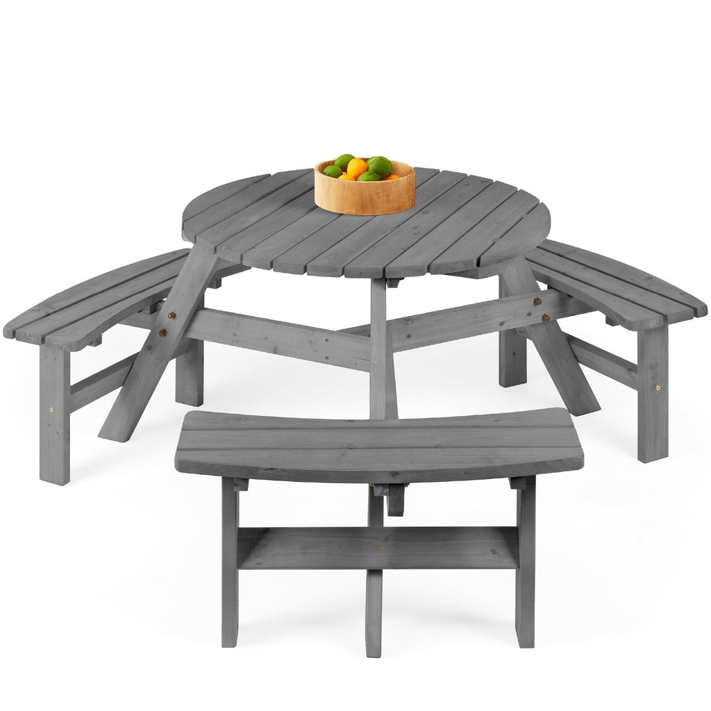 6-Person Circular Wooden Picnic Table with Umbrella Hole 3 Benches with practical outdoor-ready details