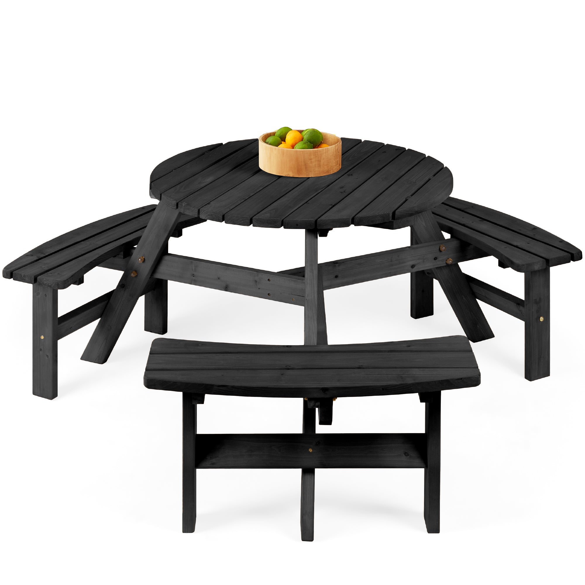 6-Person Circular Wooden Picnic Table with Umbrella Hole 3 Benches with practical outdoor-ready details