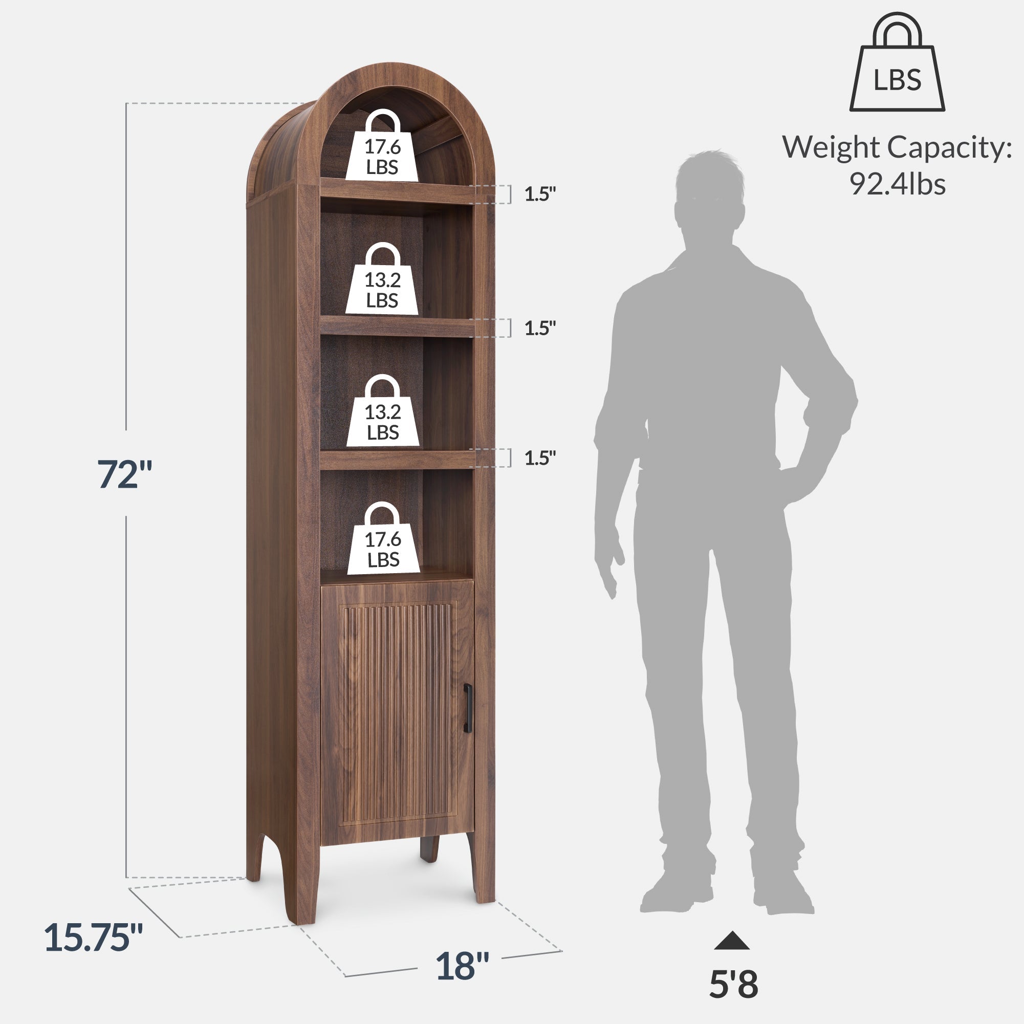 72\" Tall Narrow Arched Pantry Cabinet with Door 4-Tier Storage Cabinet with practical style for home spaces