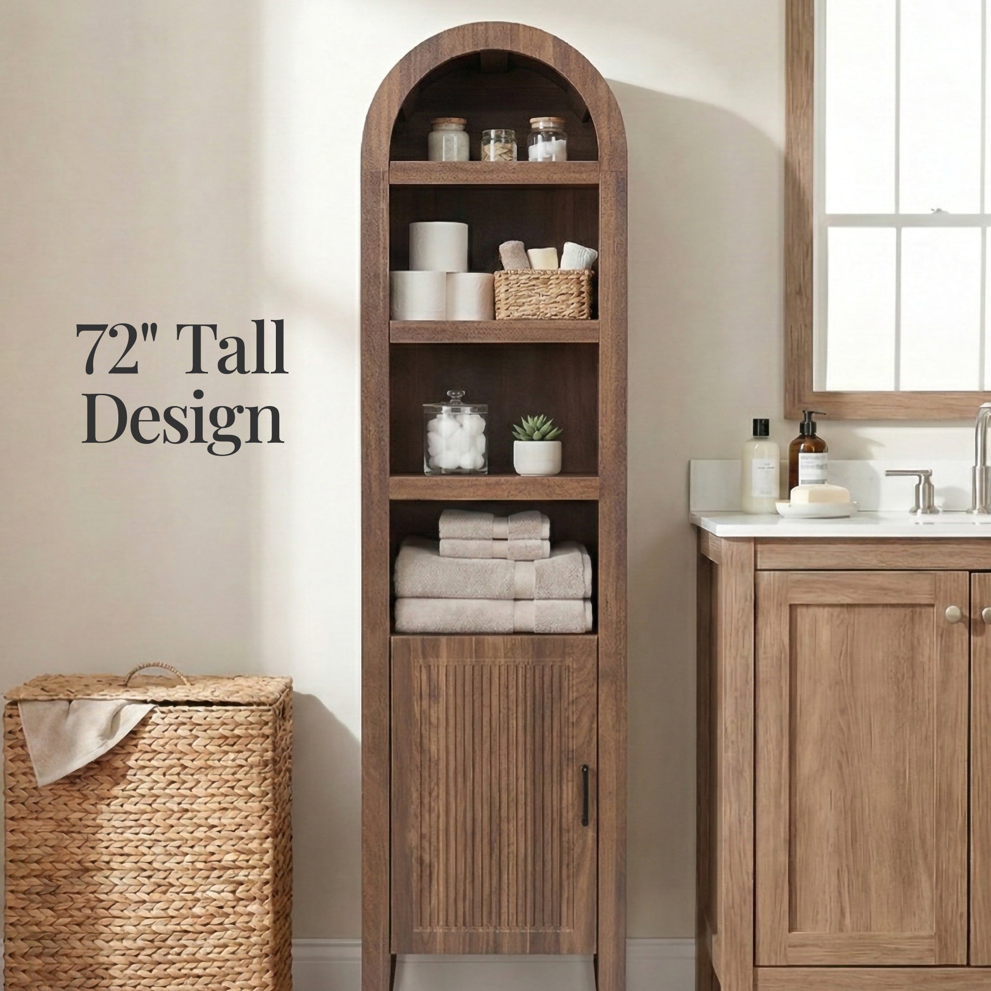72\" Tall Narrow Arched Pantry Cabinet with Door 4-Tier Storage Cabinet with practical style for home spaces
