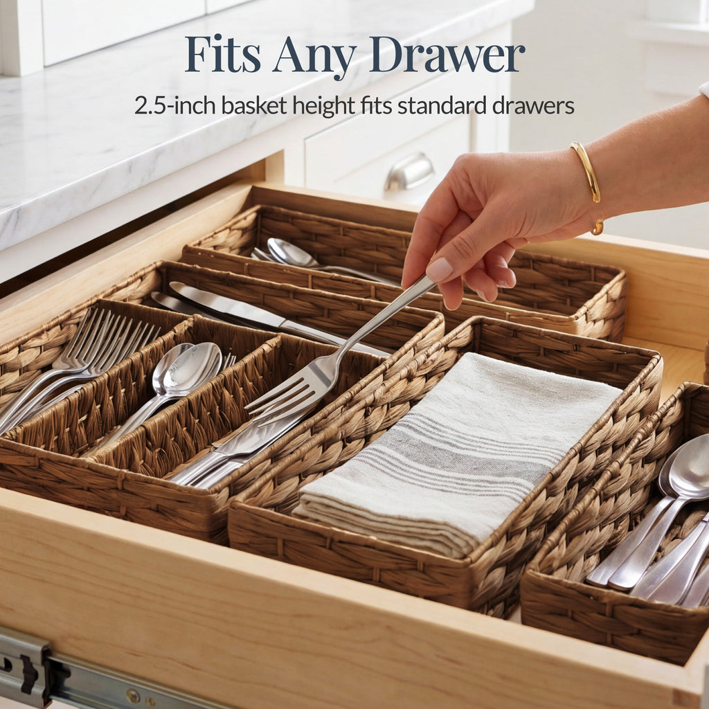 5PC Flatware Organizer Set Woven Modular Silverware and Utensil Drawer Trays with practical everyday features