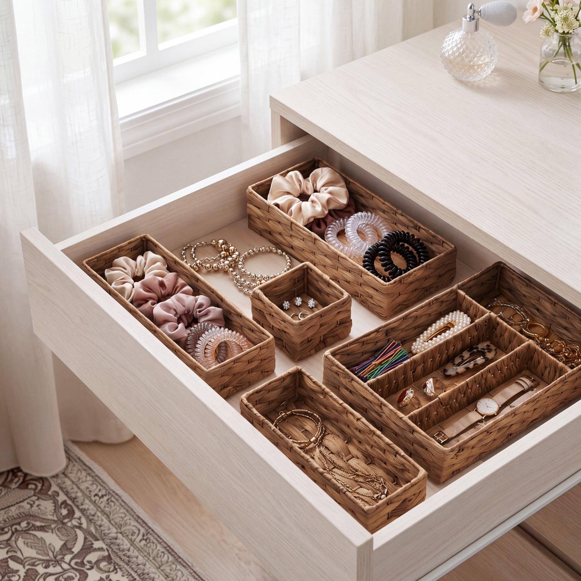 5PC Flatware Organizer Set Woven Modular Silverware and Utensil Drawer Trays with practical everyday features