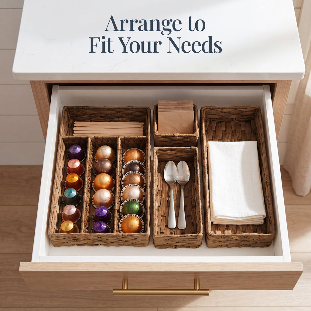 5PC Flatware Organizer Set Woven Modular Silverware and Utensil Drawer Trays with practical everyday features