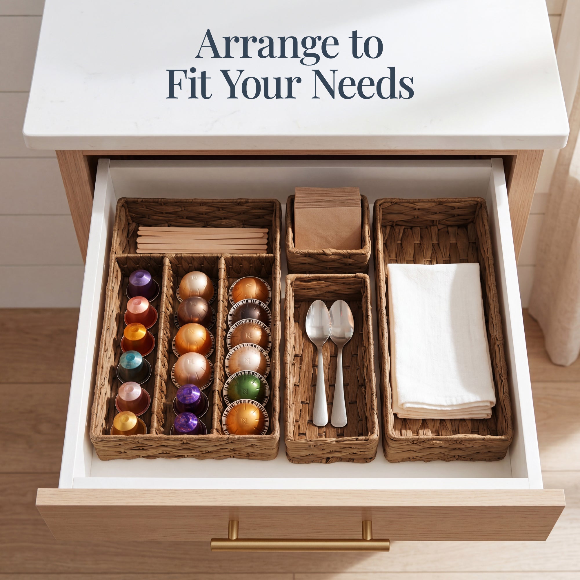 5PC Flatware Organizer Set Woven Modular Silverware and Utensil Drawer Trays with practical everyday features