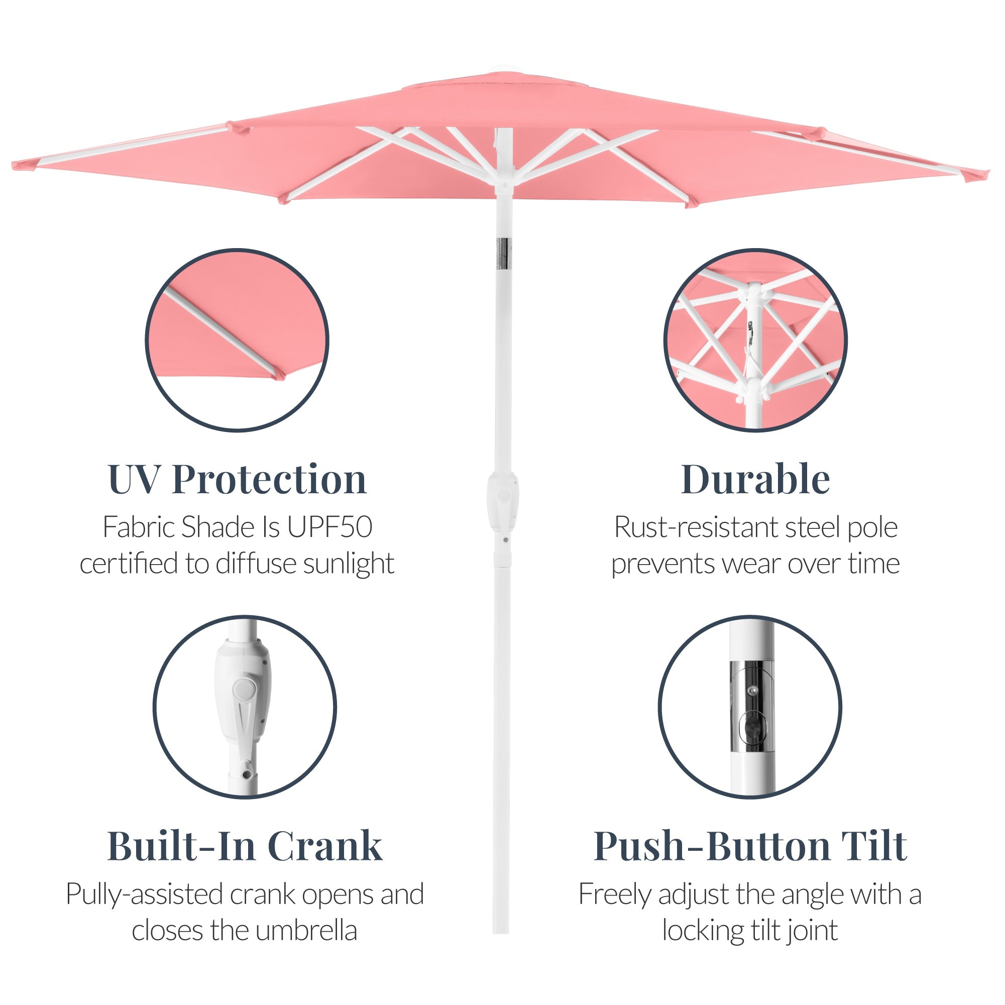7.5ft Patio Market Umbrella with White Pole Push Button Tilt and Crank Lift with practical outdoor-ready details