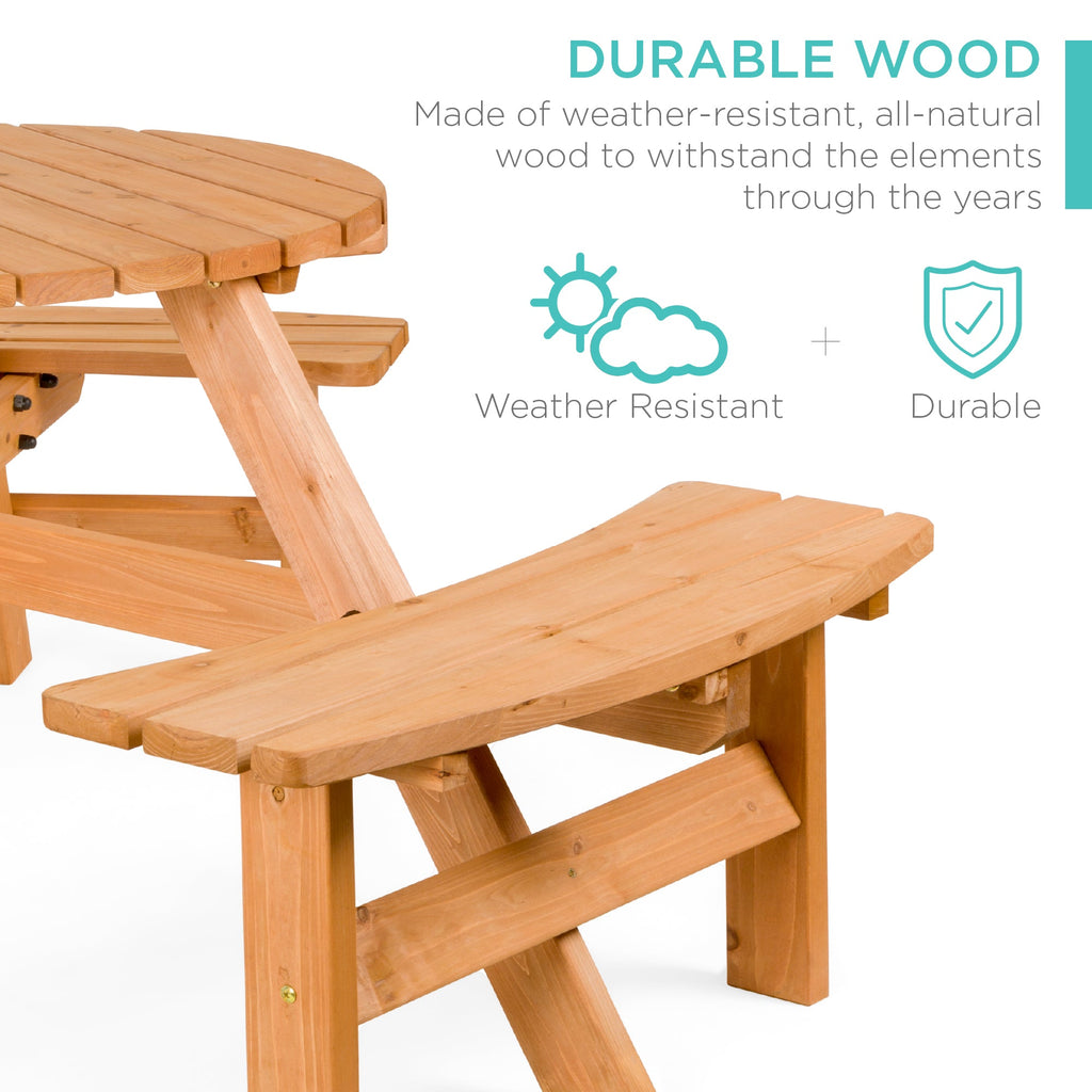 6-Person Circular Wooden Picnic Table with Umbrella Hole 3 Benches with practical outdoor-ready details