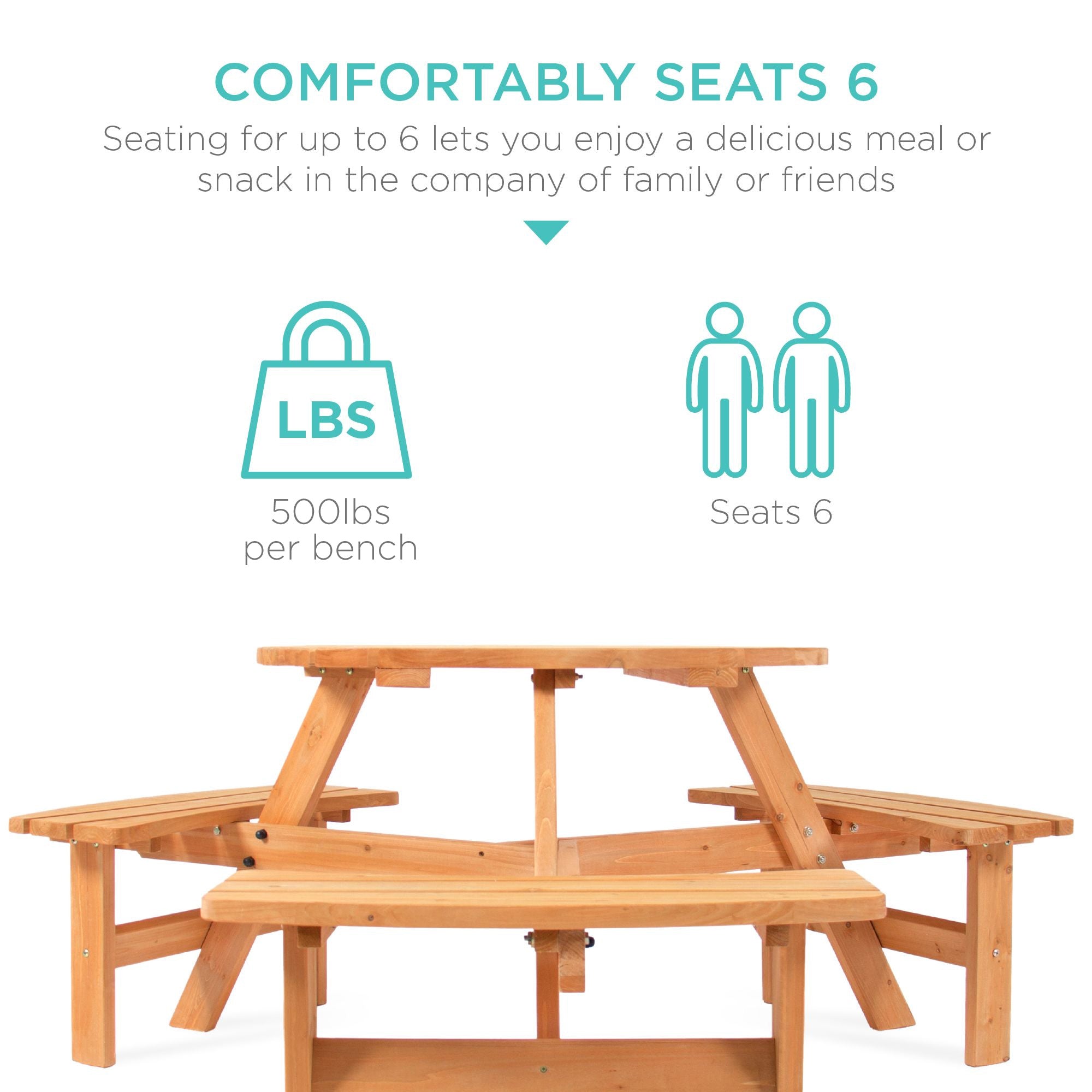 6-Person Circular Wooden Picnic Table with Umbrella Hole 3 Benches with practical outdoor-ready details