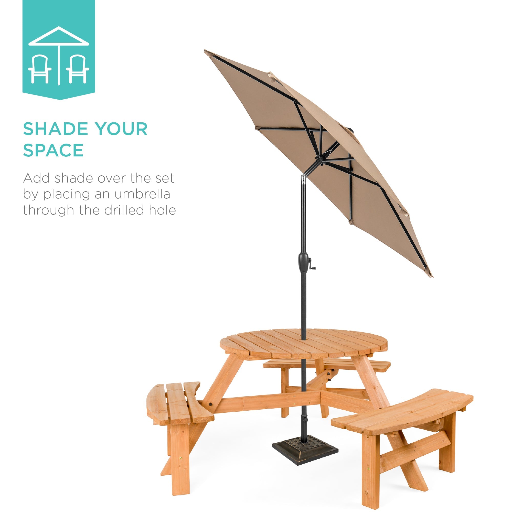 6-Person Circular Wooden Picnic Table with Umbrella Hole 3 Benches with practical outdoor-ready details