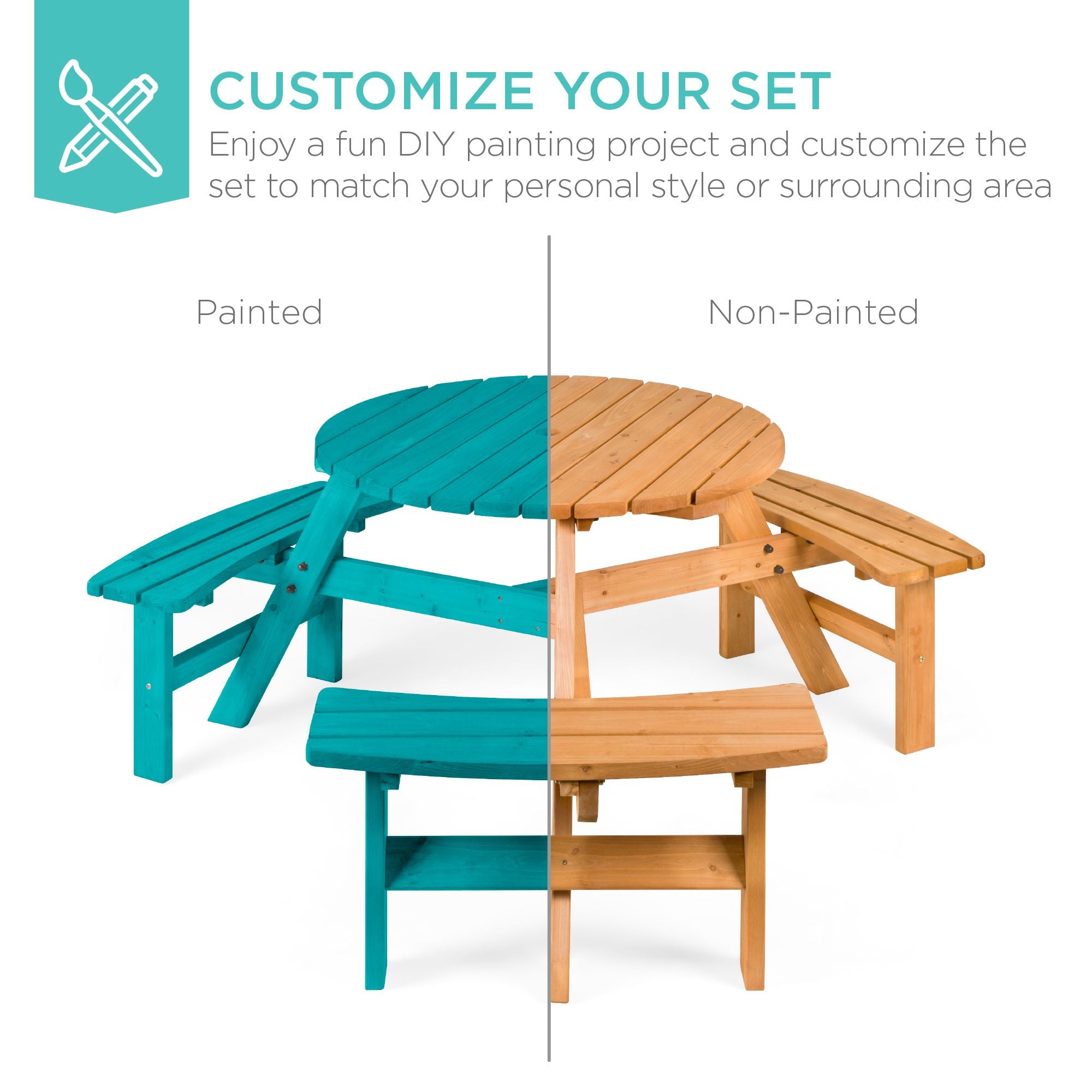 6-Person Circular Wooden Picnic Table with Umbrella Hole 3 Benches with practical outdoor-ready details