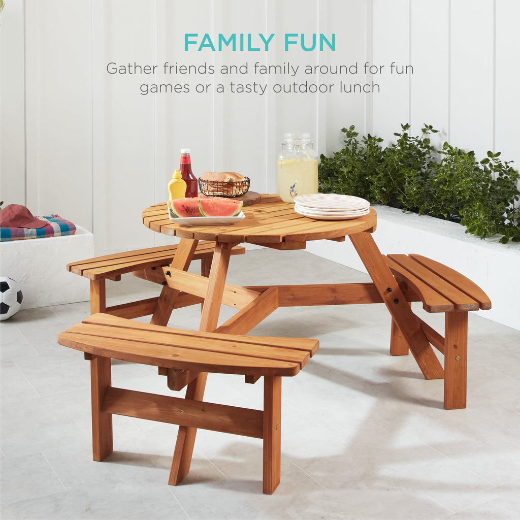 6-Person Circular Wooden Picnic Table with Umbrella Hole 3 Benches with practical outdoor-ready details