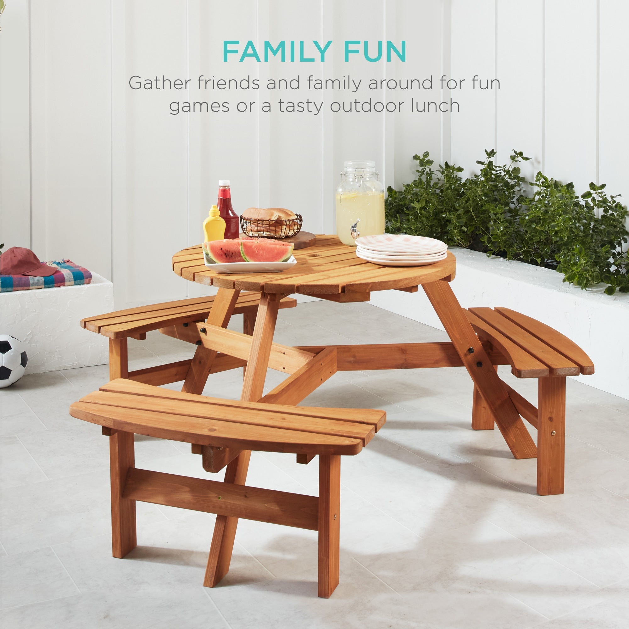 6-Person Circular Wooden Picnic Table with Umbrella Hole 3 Benches with practical outdoor-ready details