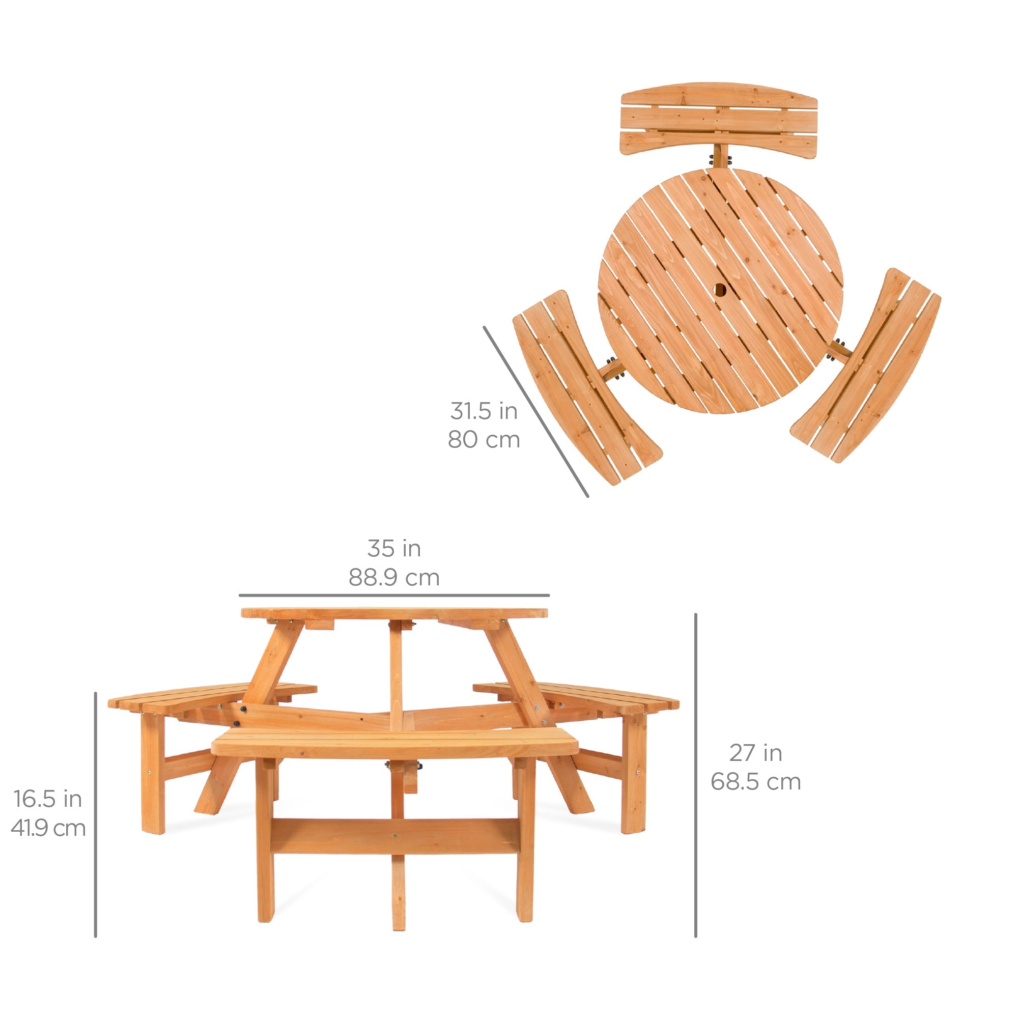 6-Person Circular Wooden Picnic Table with Umbrella Hole 3 Benches with practical outdoor-ready details
