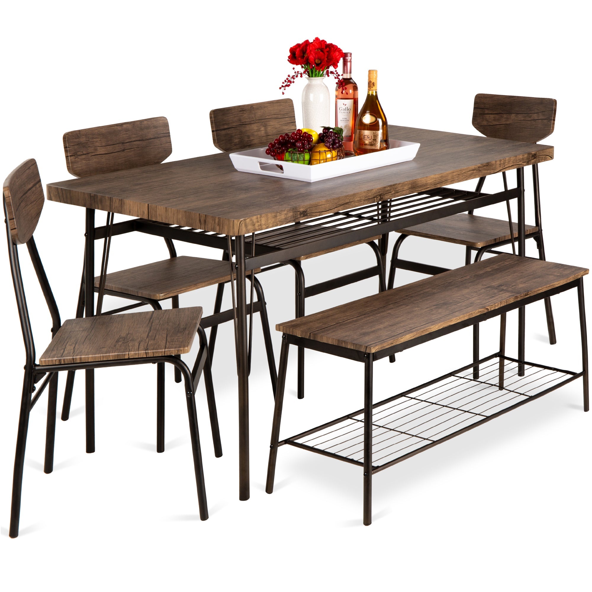 6-Piece Modern Dining Set with Storage Racks Table Bench 4 Chairs - 55in for comfortable home living