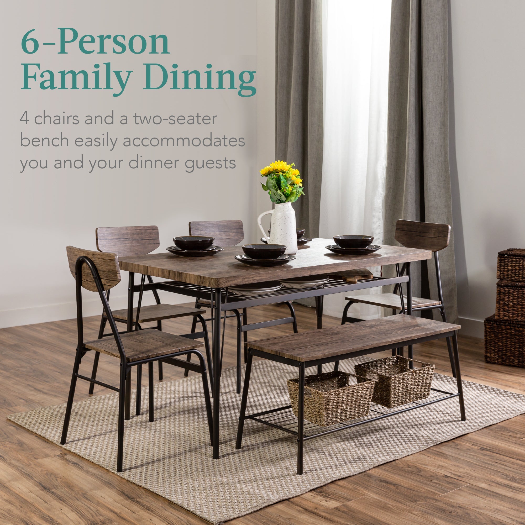 6-Piece Modern Dining Set with Storage Racks Table Bench 4 Chairs - 55in for comfortable home living