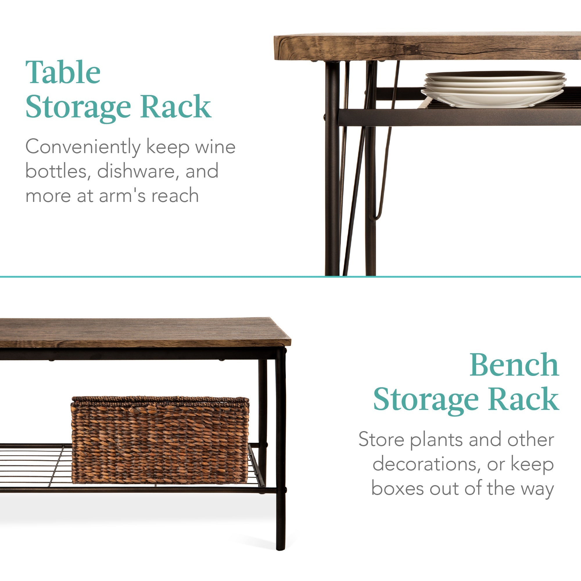 6-Piece Modern Dining Set with Storage Racks Table Bench 4 Chairs - 55in for comfortable home living