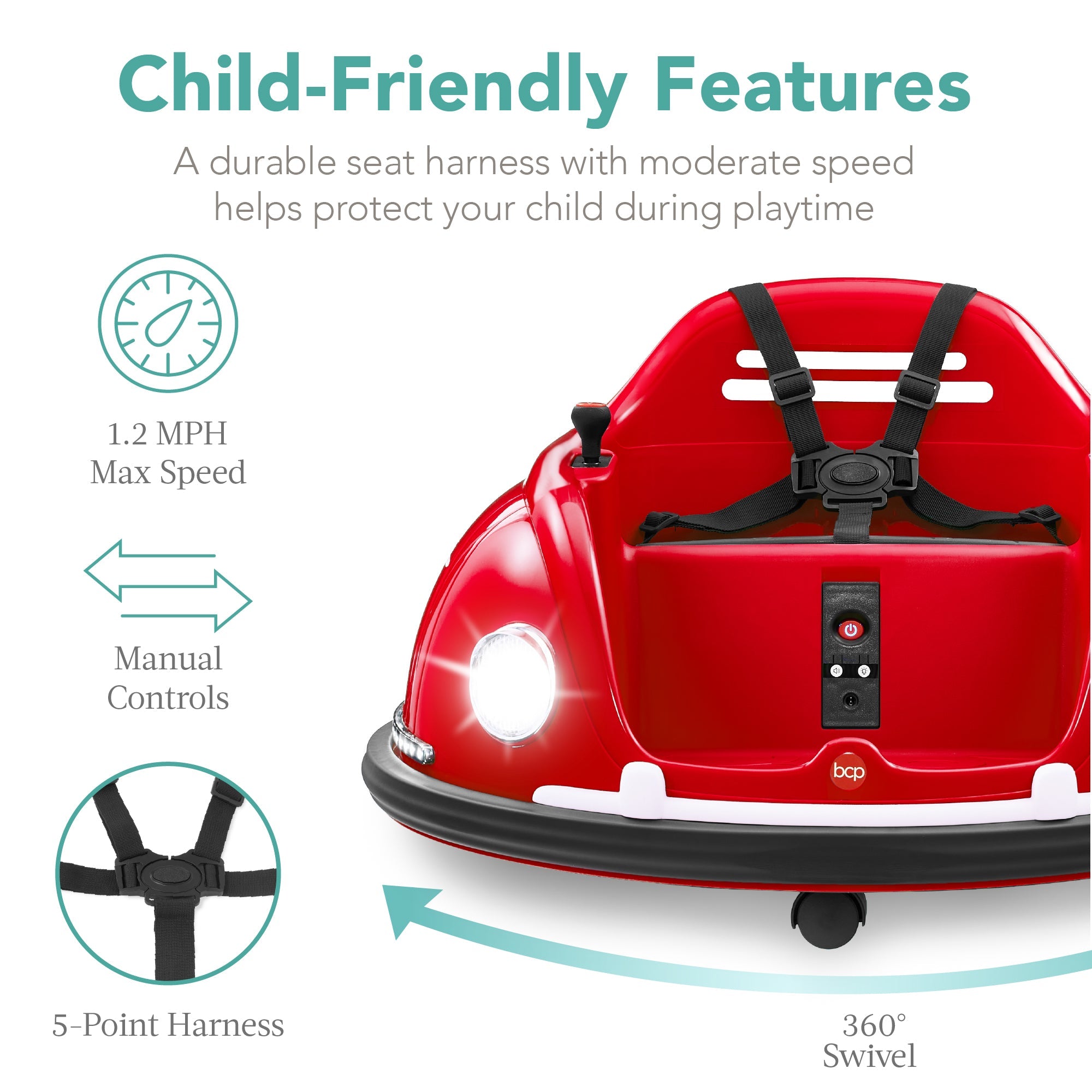 6V Kids Ride On Bumper Car Toy with Remote Harness Lights 360 Degree Spin with fun features for everyday play