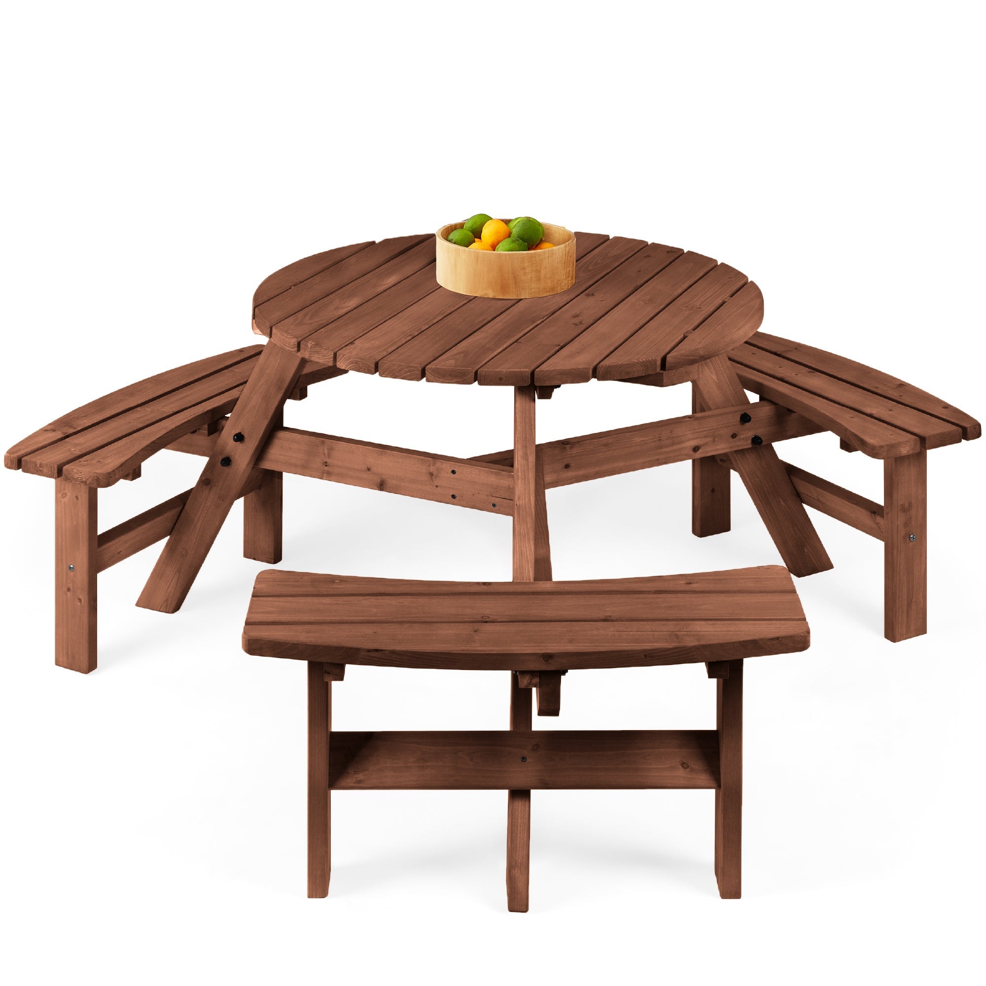6-Person Circular Wooden Picnic Table with Umbrella Hole 3 Benches with practical outdoor-ready details