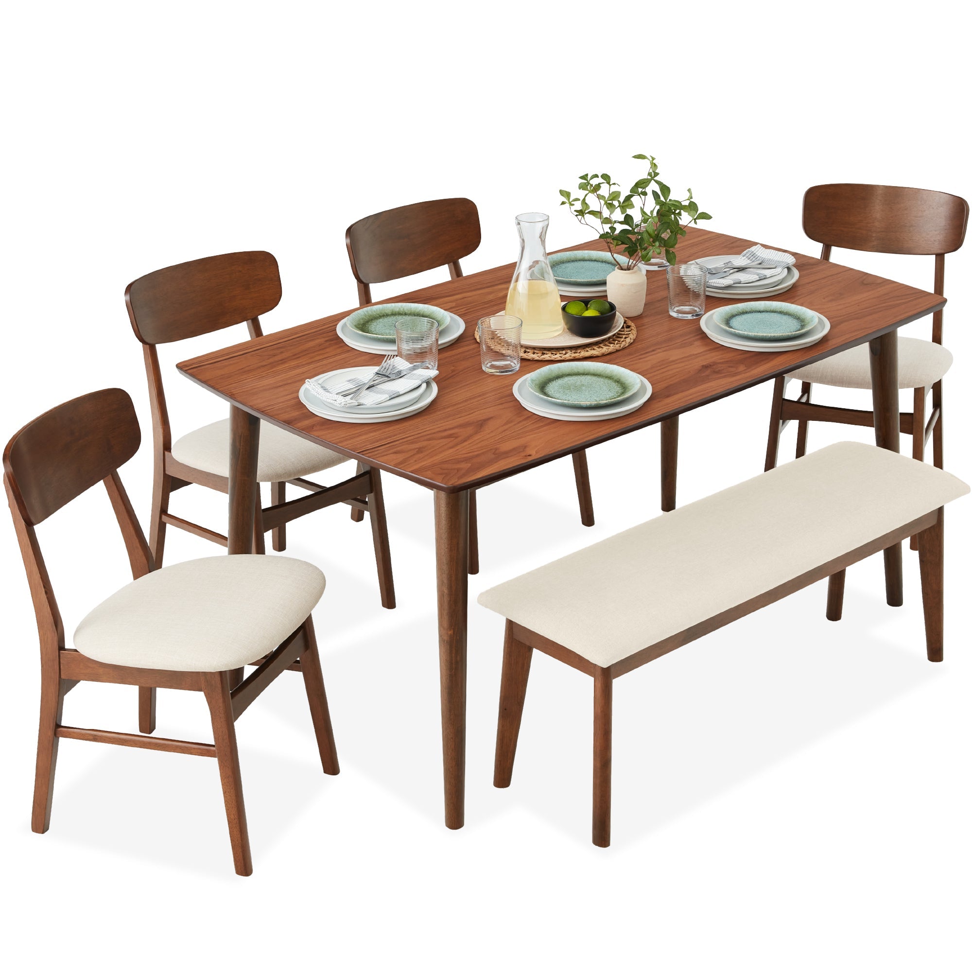 6-Piece Mid-Century Modern Upholstered Wooden Dining Set with 4 Chairs Bench designed for everyday comfort and storage