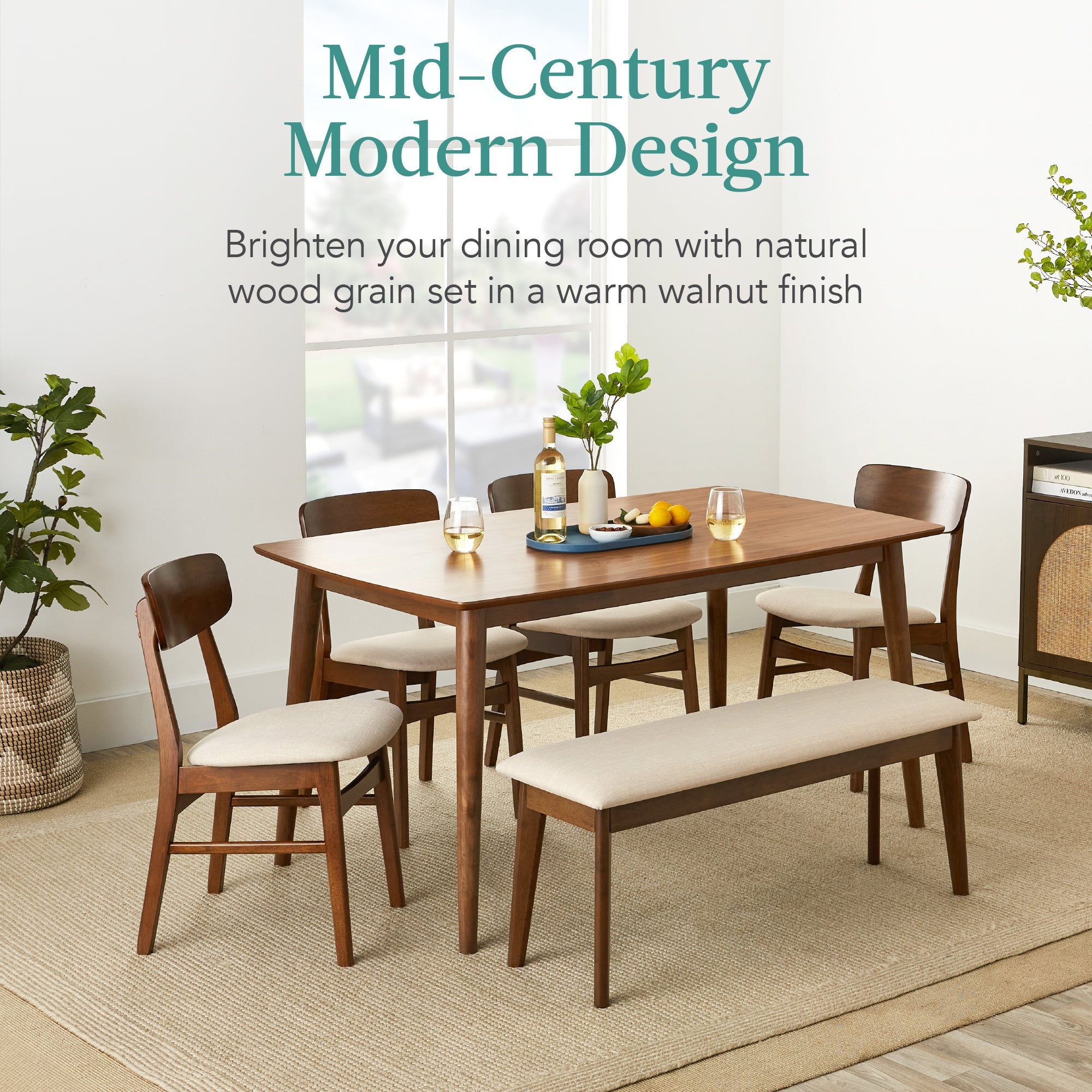 6-Piece Mid-Century Modern Upholstered Wooden Dining Set with 4 Chairs Bench designed for everyday comfort and storage