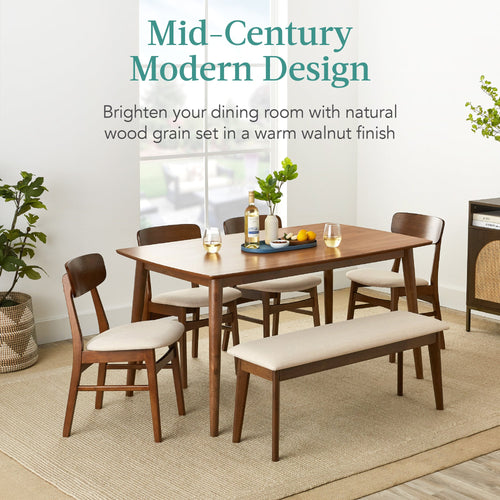 6-Piece Mid-Century Modern Upholstered Wooden Dining Set with 4 Chairs Bench designed for everyday comfort and storage