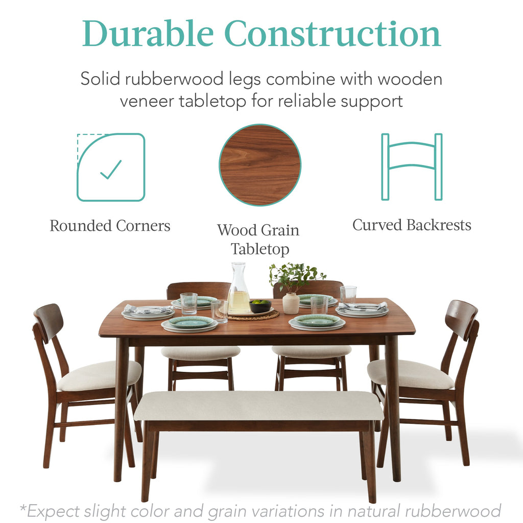 6-Piece Mid-Century Modern Upholstered Wooden Dining Set with 4 Chairs Bench designed for everyday comfort and storage