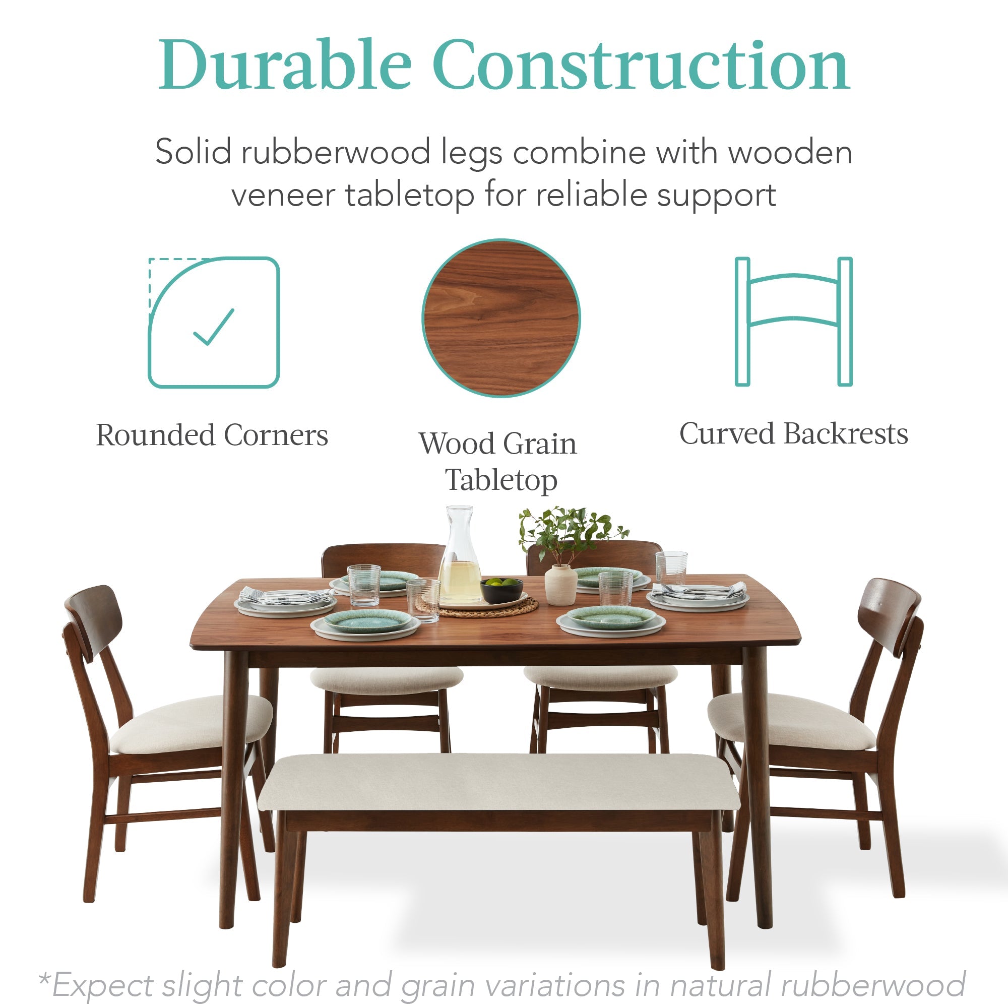 6-Piece Mid-Century Modern Upholstered Wooden Dining Set with 4 Chairs Bench designed for everyday comfort and storage