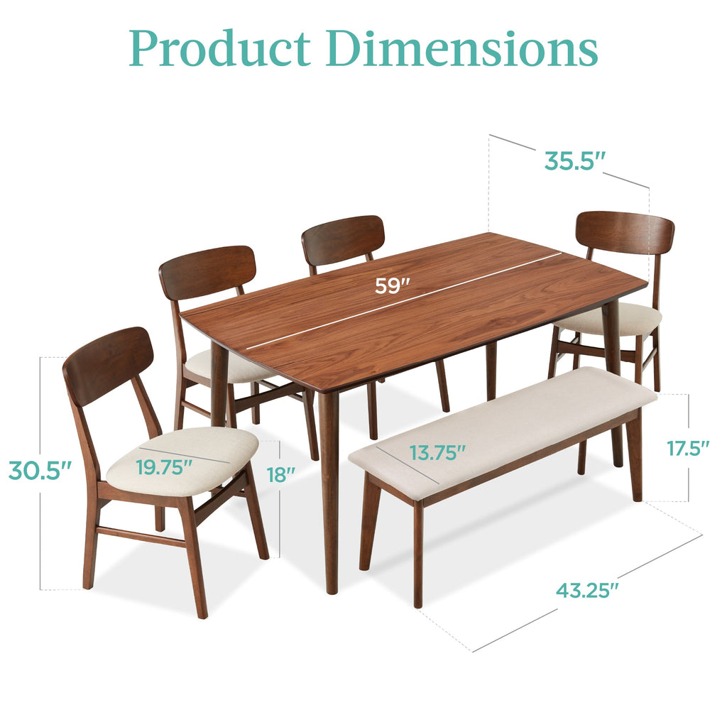 6-Piece Mid-Century Modern Upholstered Wooden Dining Set with 4 Chairs Bench designed for everyday comfort and storage