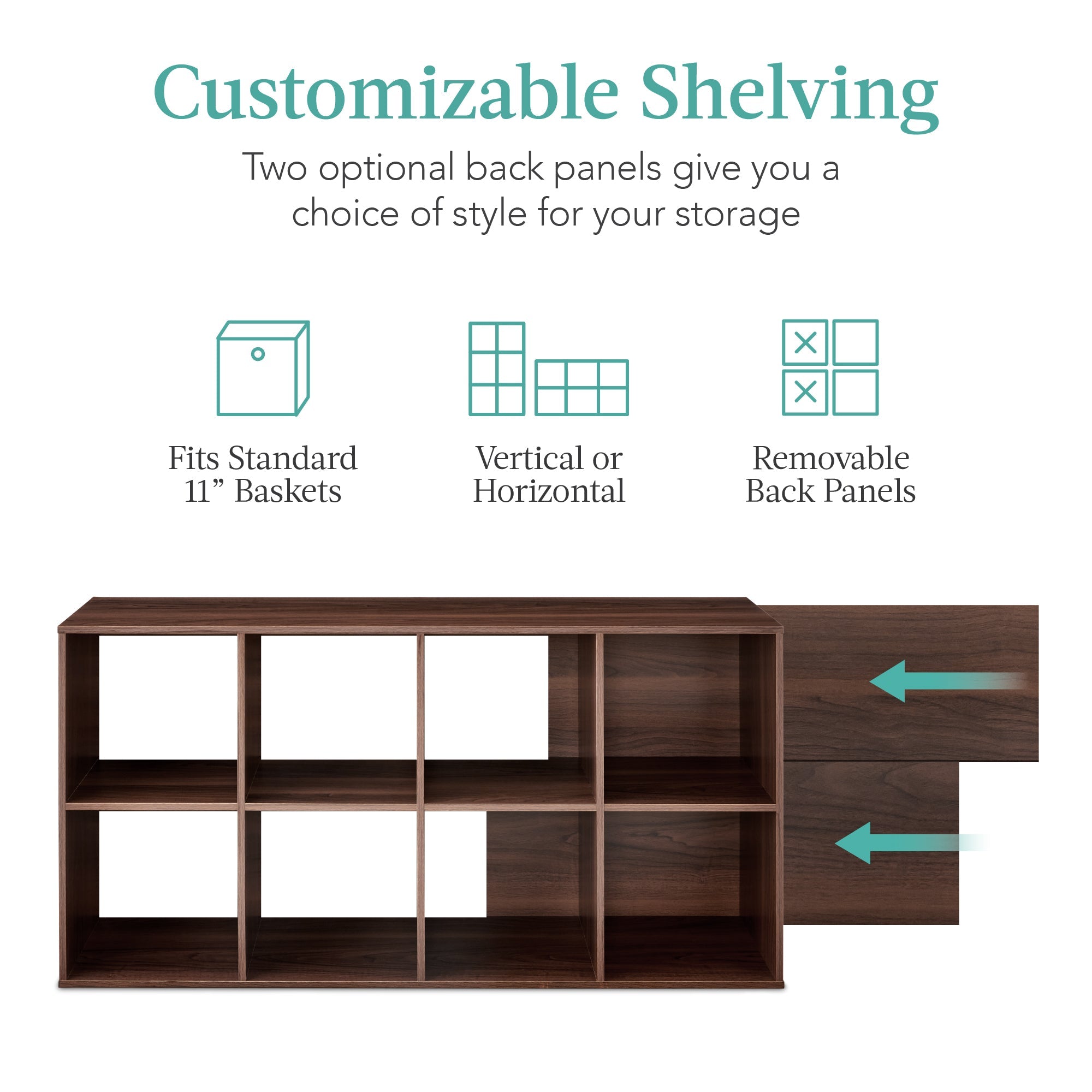 8-Cube Bookshelf 11in Storage Display with Removable Panels Customizable with reliable function and style