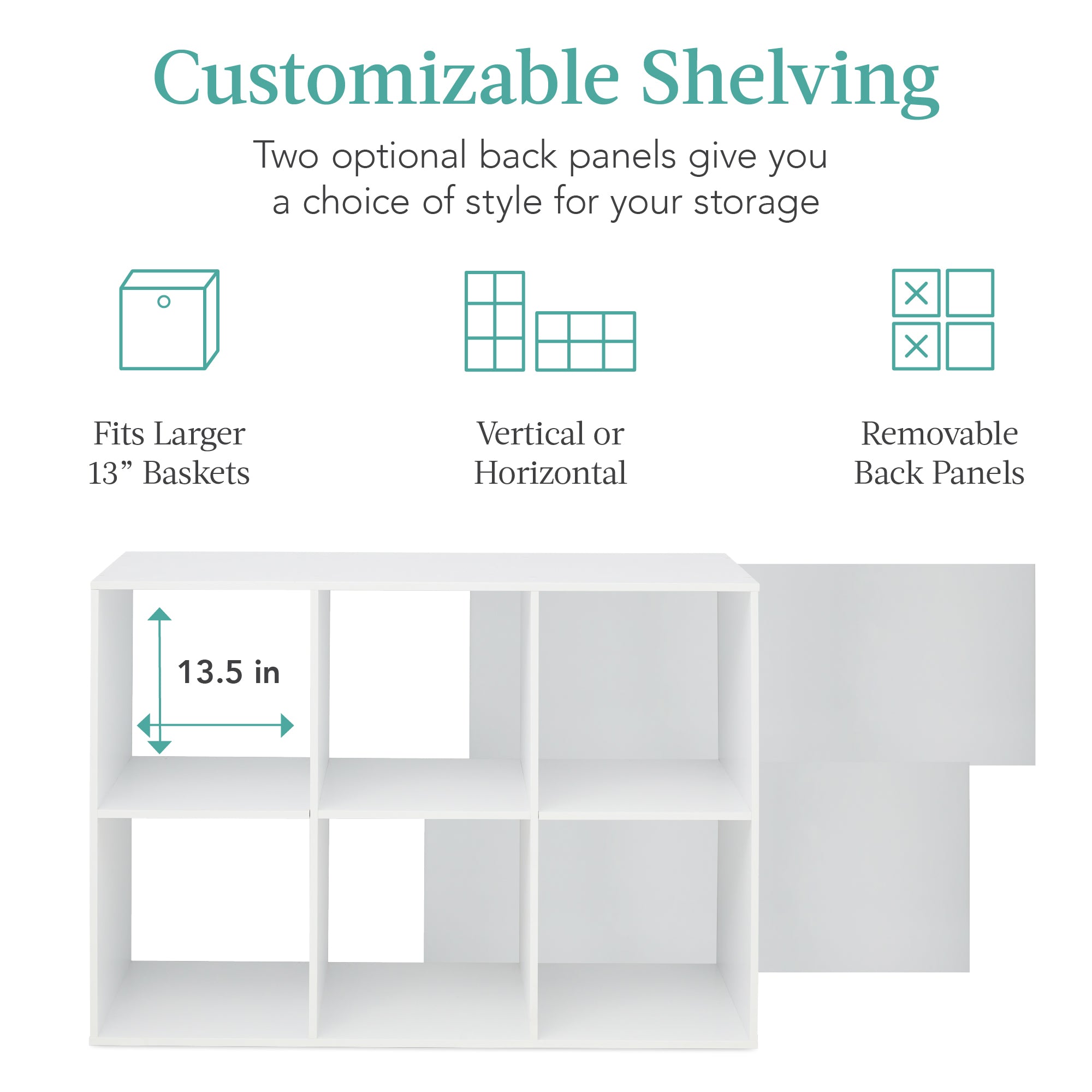 6-Cube Bookshelf 13.5in Storage Display with Removable Panels Customizable with practical everyday features