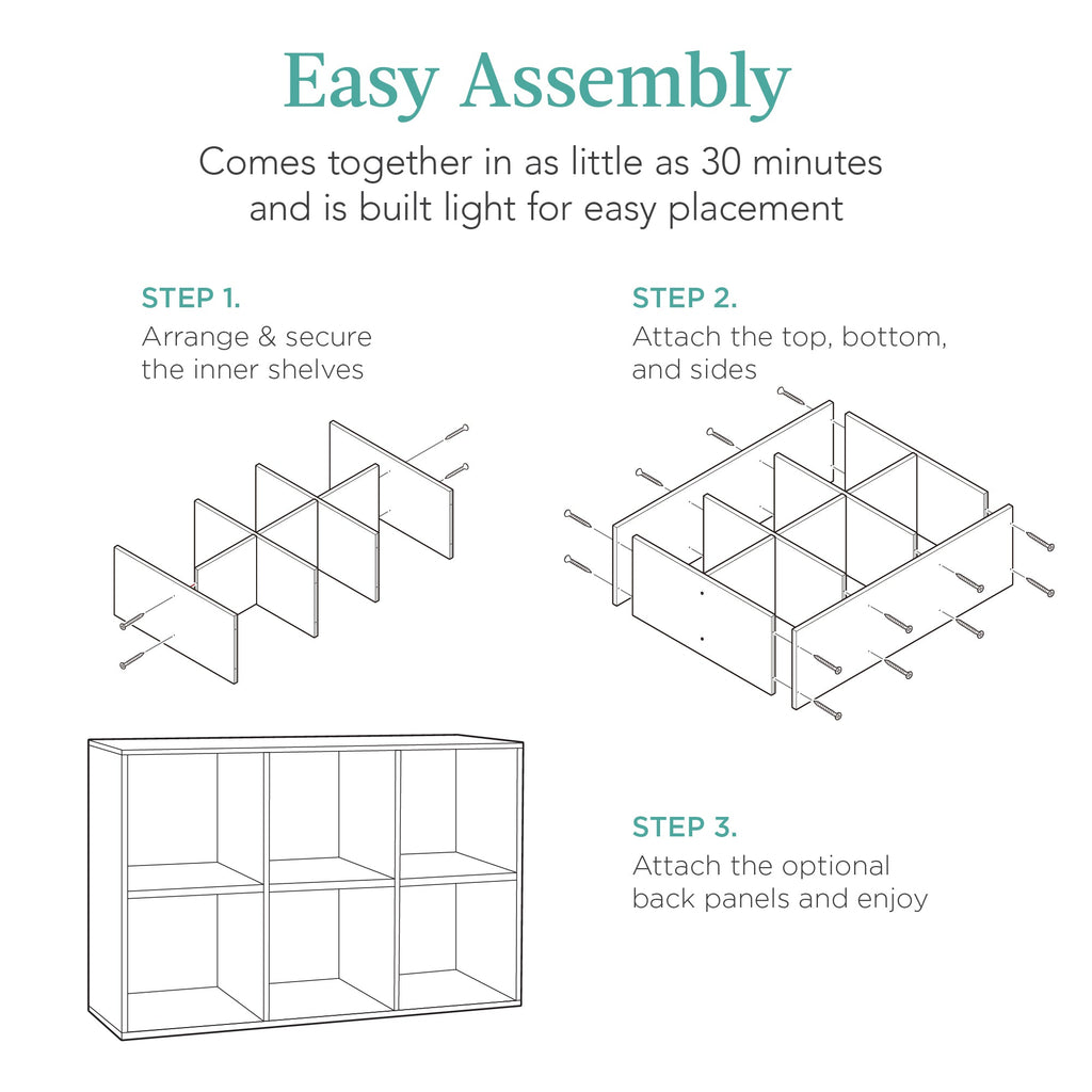 6-Cube Bookshelf 13.5in Storage Display with Removable Panels Customizable with practical everyday features