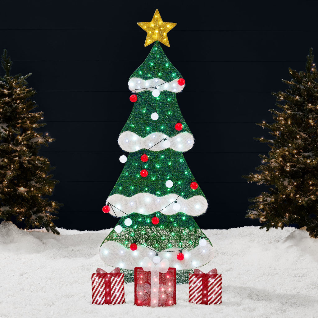 6ft Lighted 2D Christmas Tree Outdoor Decor with 170 LED Lights 3 Gift Boxes for indoor and outdoor holiday displays