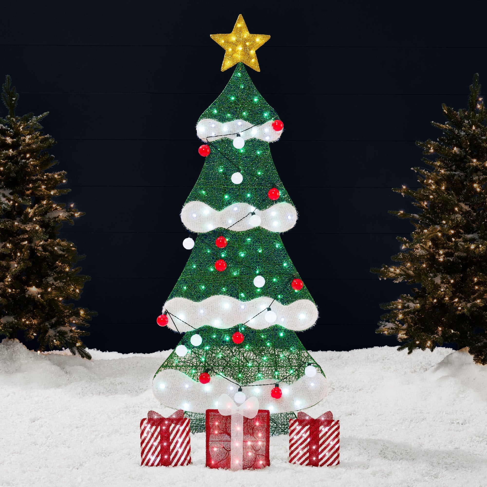 6ft Lighted 2D Christmas Tree Outdoor Decor with 170 LED Lights 3 Gift Boxes for indoor and outdoor holiday displays
