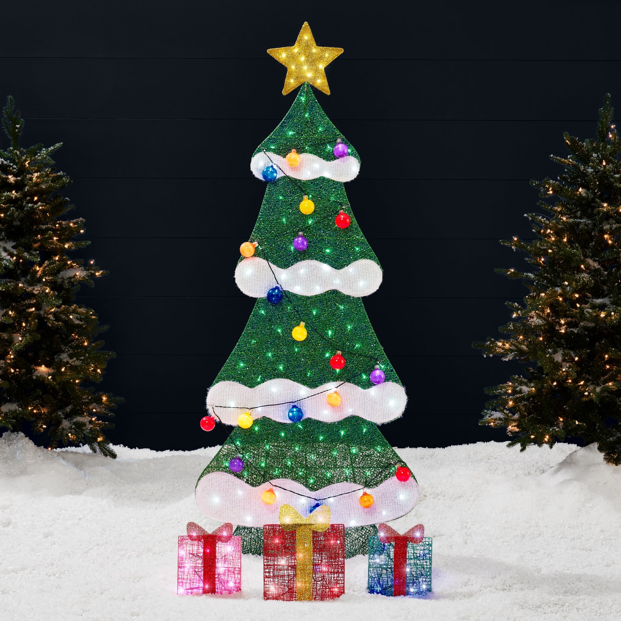6ft Lighted 2D Christmas Tree Outdoor Decor with 170 LED Lights 3 Gift Boxes for indoor and outdoor holiday displays