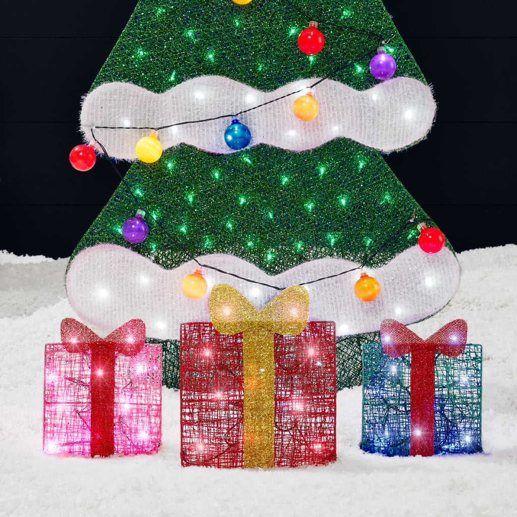 6ft Lighted 2D Christmas Tree Outdoor Decor with 170 LED Lights 3 Gift Boxes for indoor and outdoor holiday displays