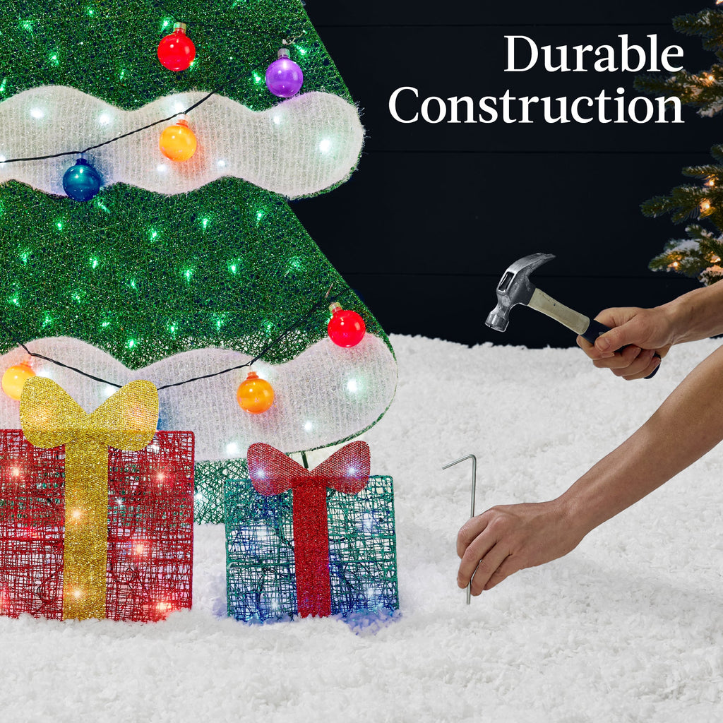 6ft Lighted 2D Christmas Tree Outdoor Decor with 170 LED Lights 3 Gift Boxes for indoor and outdoor holiday displays