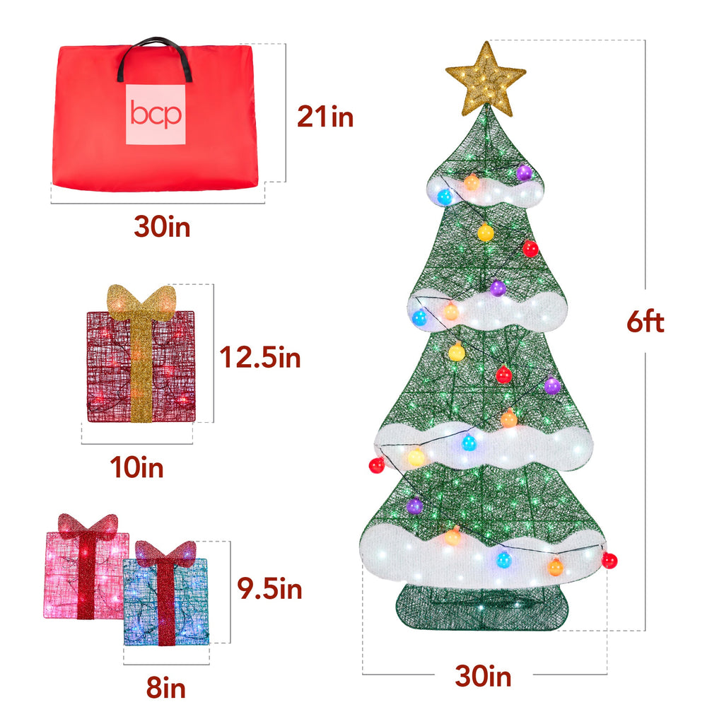 6ft Lighted 2D Christmas Tree Outdoor Decor with 170 LED Lights 3 Gift Boxes for indoor and outdoor holiday displays
