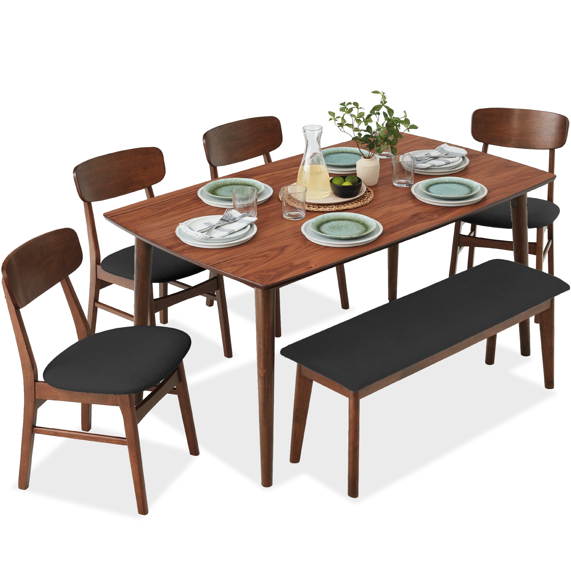 6-Piece Mid-Century Modern Upholstered Wooden Dining Set with 4 Chairs Bench designed for everyday comfort and storage