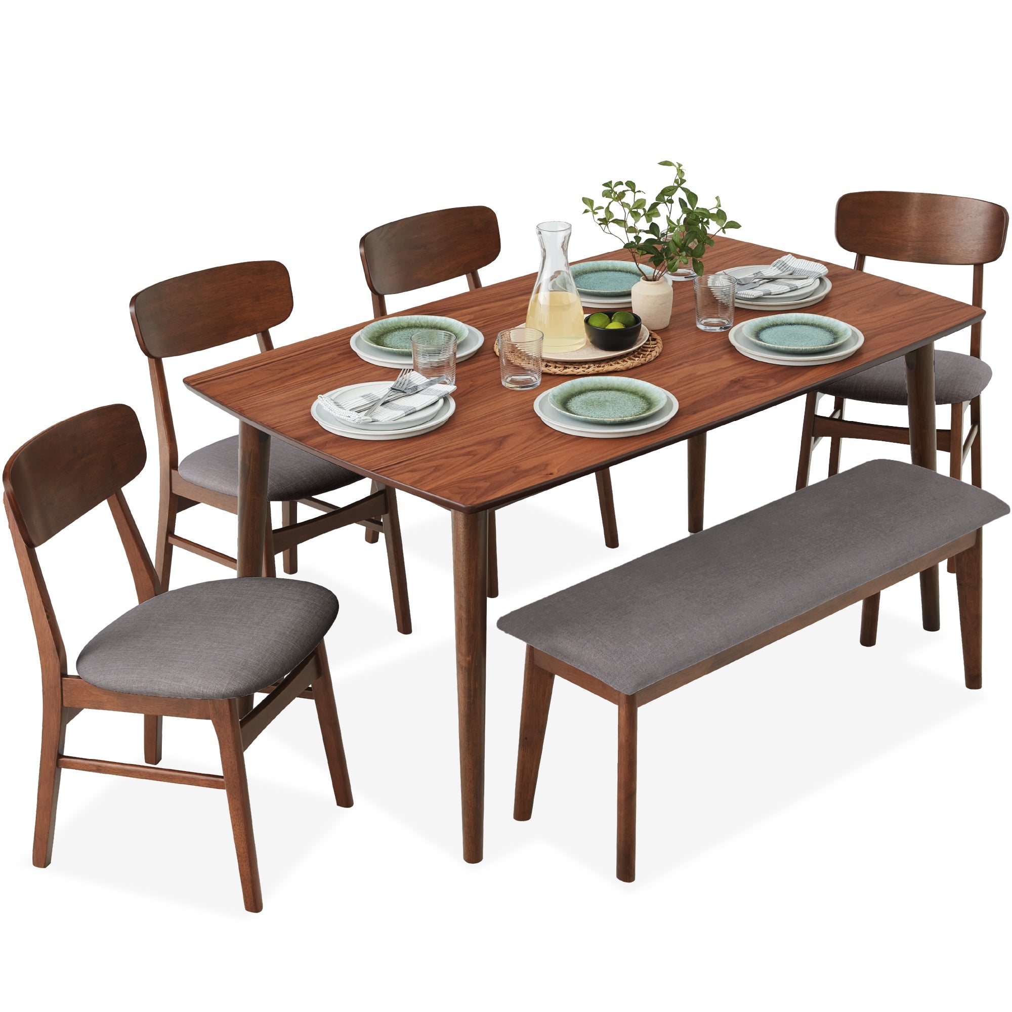 6-Piece Mid-Century Modern Upholstered Wooden Dining Set with 4 Chairs Bench designed for everyday comfort and storage