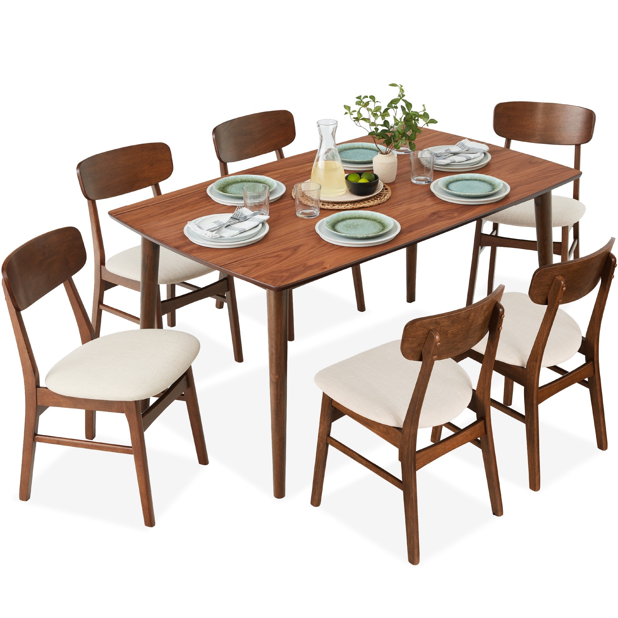 7-Piece Mid-Century Modern Dining Set Wood Upholstered with 6 Chairs for comfortable home living