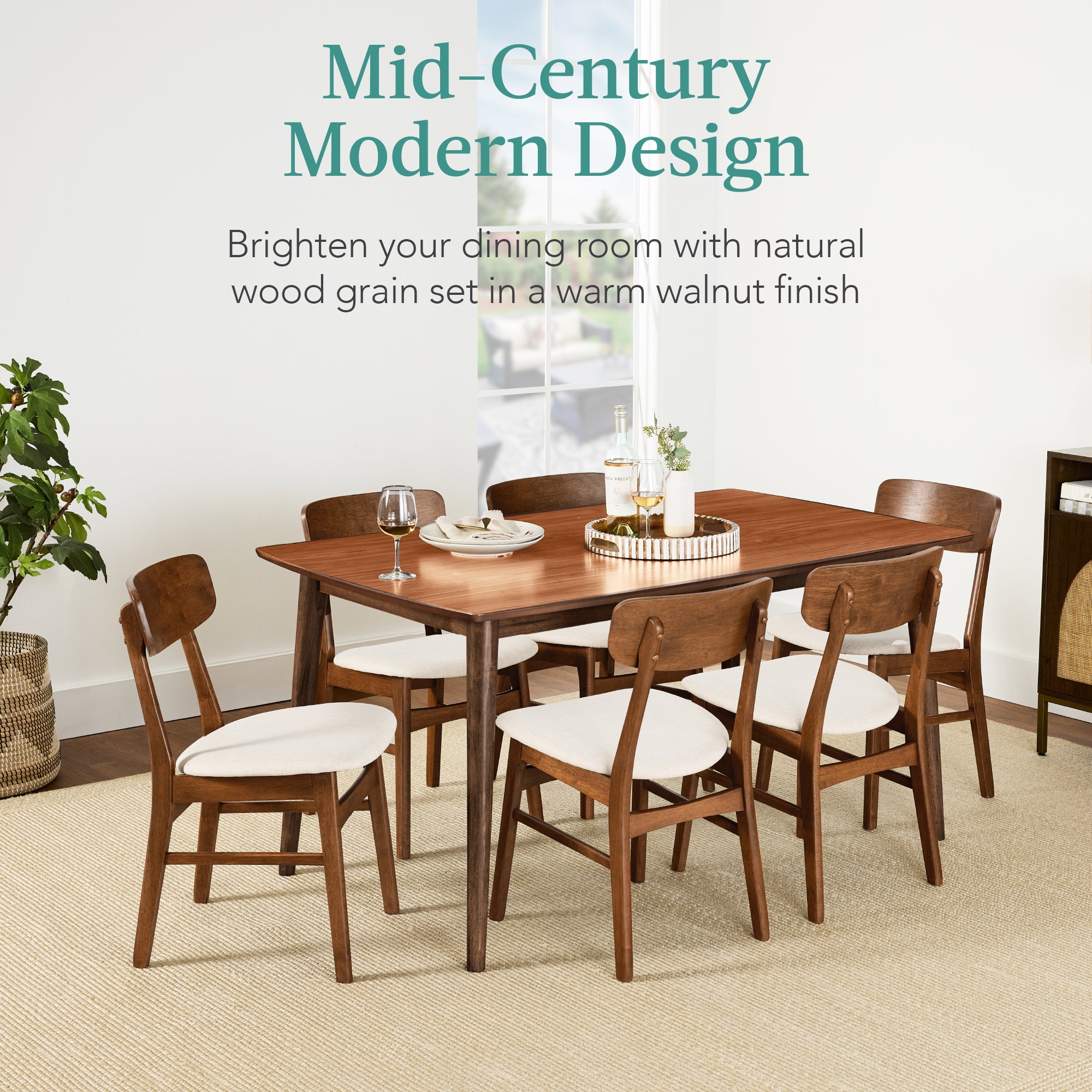7-Piece Mid-Century Modern Dining Set Wood Upholstered with 6 Chairs for comfortable home living