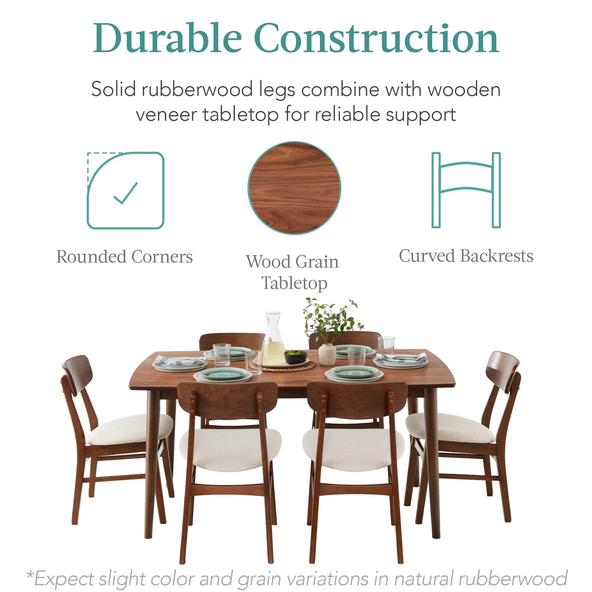 7-Piece Mid-Century Modern Dining Set Wood Upholstered with 6 Chairs for comfortable home living