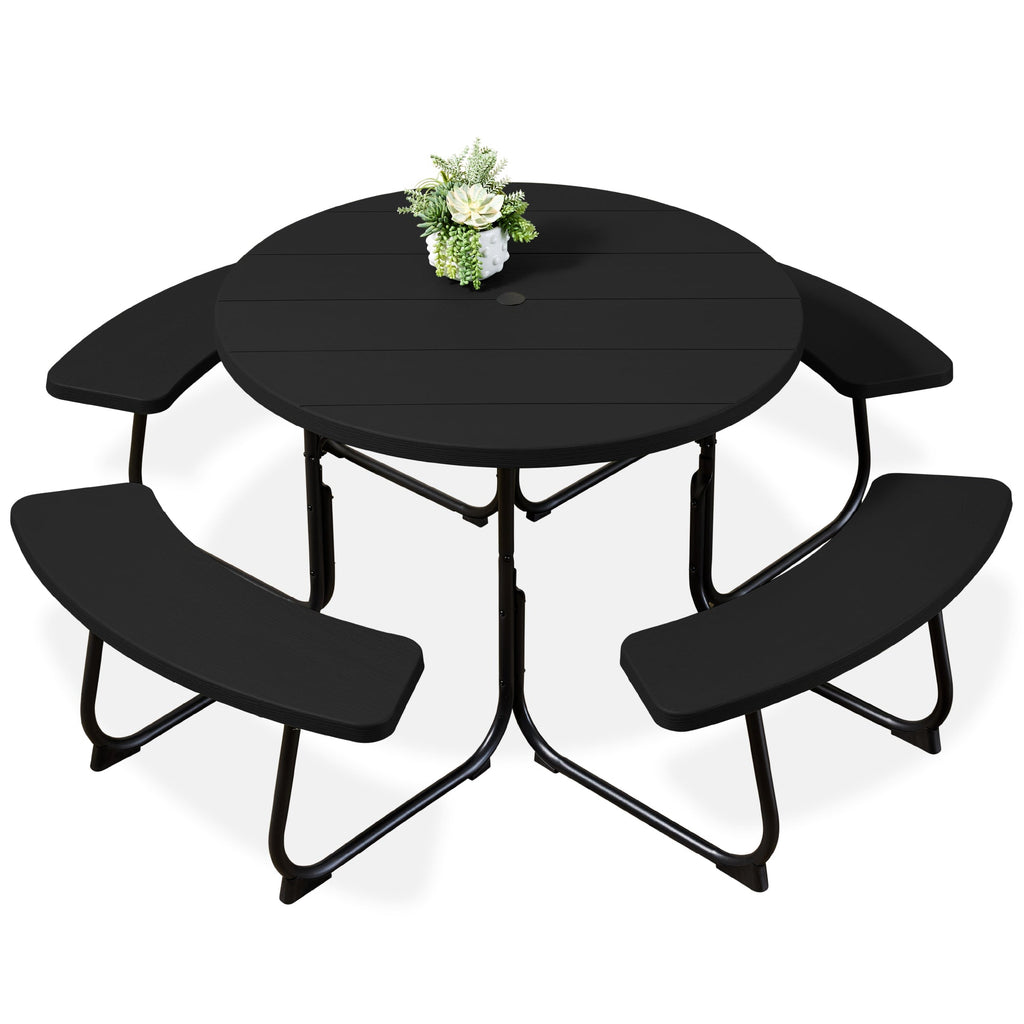 8-Person Circular Picnic Table with Umbrella Hole 4 Benches with practical outdoor-ready details