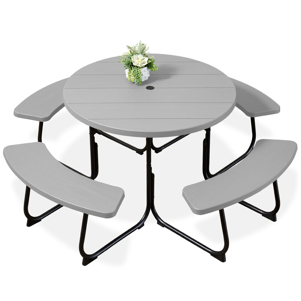 8-Person Circular Picnic Table with Umbrella Hole 4 Benches with practical outdoor-ready details